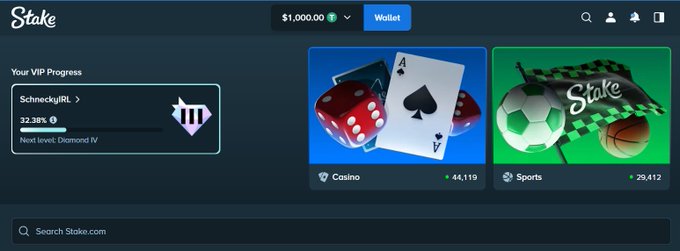 A Stake.com dashboard showing user "SchneckyIRL" at 32.38% VIP progress toward Diamond IV, with $1,000.00 in their wallet, illustrating the platform where they plan to do a $1000 bonus buy tomorrow and split the winnings 50/50 between a commenter's Stake username/USDT address and an affiliate during their stream.