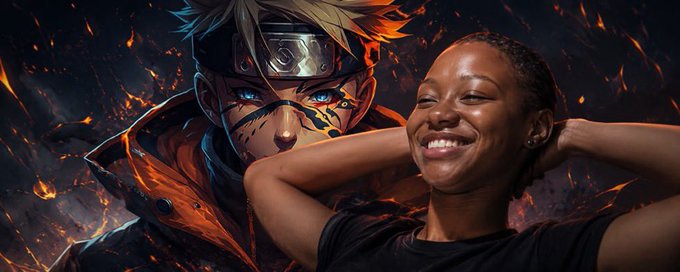 An anime-style illustration of Naruto with blue eyes against a fiery background, overlaid with a photograph of a smiling Black woman in a black shirt.