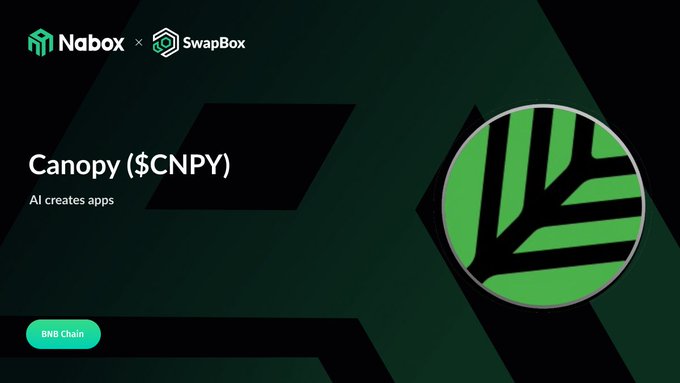A promotional graphic featuring the Nbox and SwapBox logos at the top, advertising the cryptocurrency 'Canopy ($CNPY)' with the tagline 'AI creates apps' on the BNB Chain, alongside a green leaf logo.