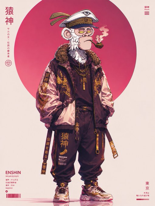 An anime-style illustration of a monkey character wearing streetwear, a captain's hat, and smoking a pipe, with Japanese text '猿神' (Sarugami) and 'ENSHIN' branding.