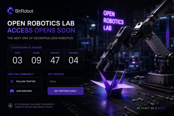 A promotional graphic for 'BitRobot' announces 'OPEN ROBOTICS LAB ACCESS OPENS SOON' with a countdown timer showing 03 days, 09 hours, 47 minutes, 04 seconds, and features a robotic arm holding a purple origami crane.