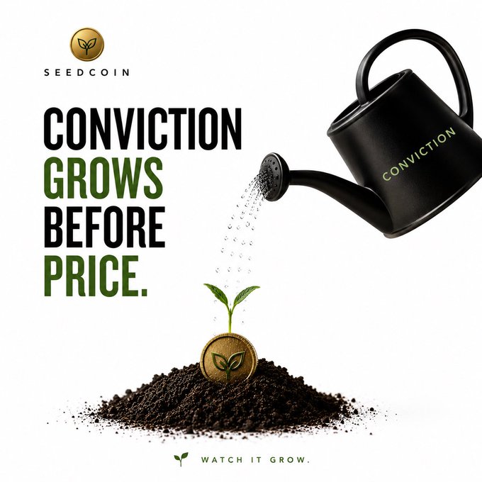 A Seedcoin promotional graphic featuring a black watering can labeled "CONVICTION" watering a small sprout growing from a gold coin, with the tagline "CONVICTION GROWS BEFORE PRICE." and "WATCH IT GROW." at the bottom.