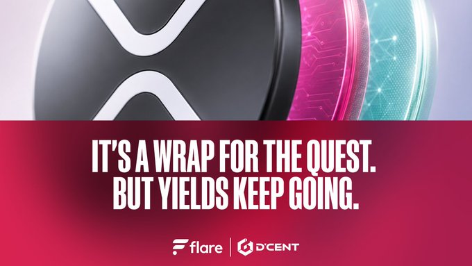 A sleek graphic featuring the XRP logo alongside a vibrant pink and blue technological design, with bold text reading "IT'S A WRAP FOR THE QUEST. BUT YIELDS KEEP GOING." above the Flare and D'CENT logos. The image highlights the conclusion of a yield-generating campaign collaboration between Flare and D'CENT within the XRP ecosystem.