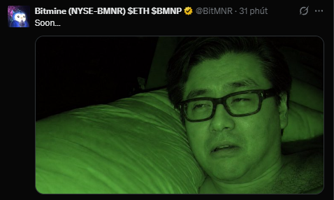 A screenshot of a tweet from Bitmine (NYSE:BMNR) $BMNP with the handle @BitMNR posted 31 minutes ago, captioned "Soon..." The image shows a man wearing black glasses lying in bed under a green blanket in dim green lighting.