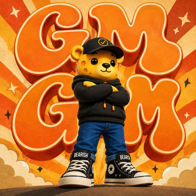 A cheerful cartoon bear mascot wearing a black hoodie, cap, and sneakers labeled "BEARISH" stands with arms crossed against bold orange "GM GM" lettering and a retro sunburst background—tapping into crypto Twitter's playful "GM" culture with a bearish twist fitting for a Monday mood.