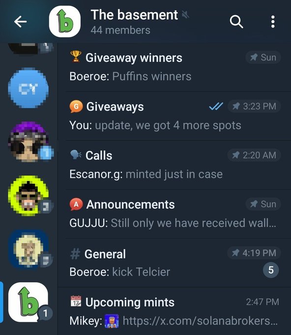 A Telegram group called "The basement" with 44 members, showing pinned posts like "Giveaway winners," "Giveaways," "Calls," and "Announcements," with users discussing upcoming mints and group activities.
