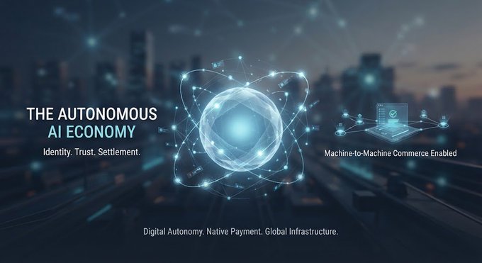 A futuristic digital graphic titled 'THE AUTONOMOUS AI ECONOMY' with the subtext 'Identity. Trust. Settlement.' and 'Machine-to-Machine Commerce Enabled', alongside 'Digital Autonomy. Native Payment. Global Infrastructure.'