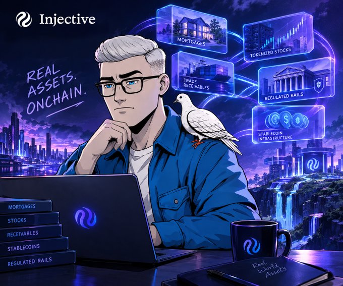 A promotional graphic for 'Injective' features an anime-style illustration of a white-haired man with a white dove on his shoulder, working on a laptop with the tagline 'REAL ASSETS. ONCHAIN.' alongside floating panels listing 'MORTGAGES,' 'TOKENIZED STOCKS,' 'TRADE RECEIVABLES,' 'REGULATED RAILS,' and 'STABLECOIN INFRASTRUCTURE.'