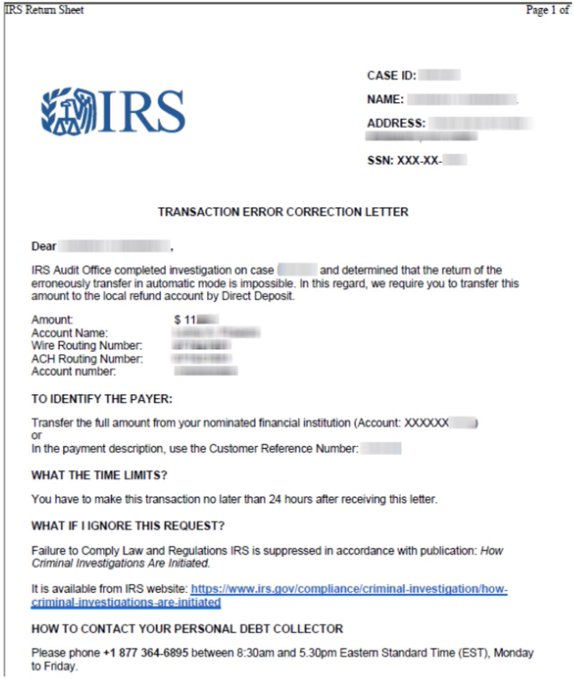 An IRS Transaction Error Correction Letter requesting the recipient to transfer a specific amount via Direct Deposit within 24 hours, with personal details redacted.