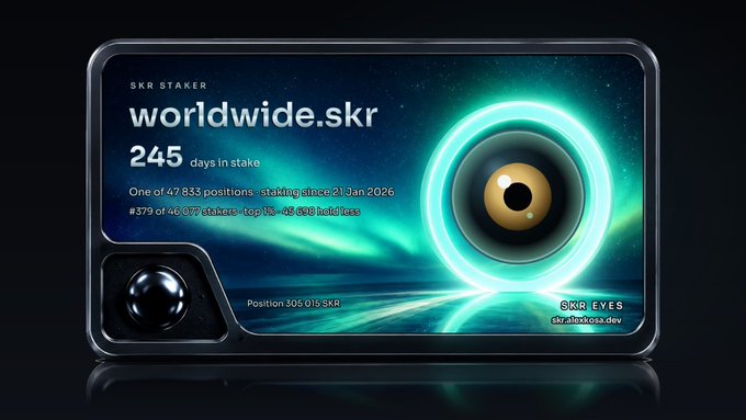 A digital crypto asset card displays 'SKR STAKER worldwide.skr 245 days in stake' with a large glowing teal eyeball graphic, noting 'One of 47,833 positions' and 'Position 306,015 SKR'.