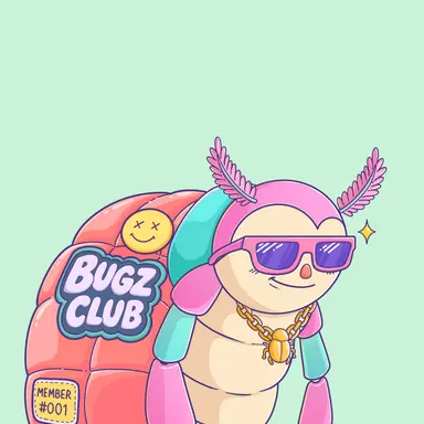 A cartoon 'Bugz Club Member #001' featuring a pink worm character wearing sunglasses and a gold chain with feathers on its head.