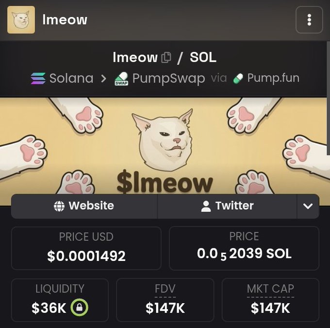 A cryptocurrency token page for 'Imeow' ($Imeow) on Solana blockchain via PumpSwap/Pump.fun, showing price of $0.0001492, liquidity of $36K, and market cap of $147K with cat paw and face imagery.