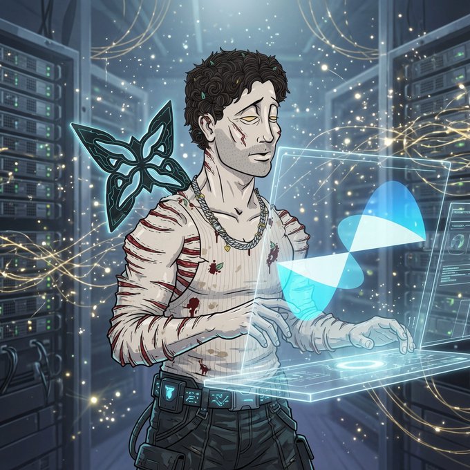 A digital illustration of a scarred character with a butterfly companion working at a holographic terminal in a server room, with an Aptos logo visible.
