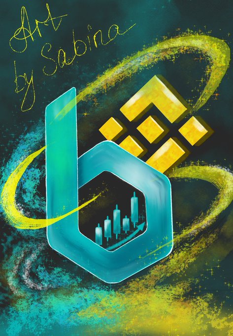 Digital artwork signed 'Art by Sabina' features a Binance logo, a hexagonal Binance Smart Chain symbol containing a candlestick chart, all set against a teal background with swirling green and yellow effects.