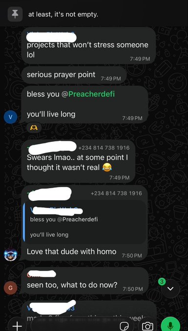 A screenshot of a group chat showing messages where friends bless a user named @Preacherdefi, wish him a long life, and laugh at a shared phone number (+234 814 738 1916), with one person saying "Love that dude with homo" and asking what to do next—tying into the post's theme of enjoying good fortune and camaraderie with his "bros."