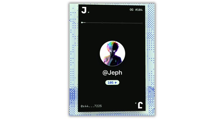 A digital card labeled 'OG #184' featuring the username '@Jeph' with a colorful, pixelated profile picture, the number 195, and an address starting with 0x44...7225 on a black and light blue background.