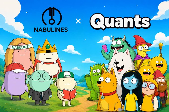 A colorful cartoon illustration promoting a collaboration between 'NABULINES' and 'Quants', featuring various animated characters including a king, a dog, and monsters in a grassy landscape.