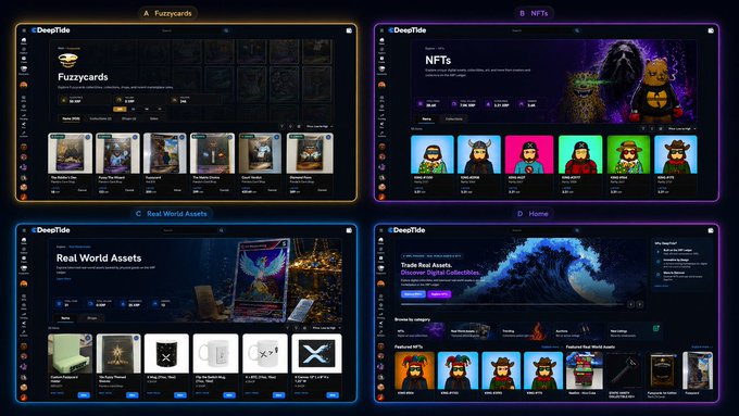 A four-panel screenshot of the 'DeepTide' NFT marketplace displaying sections for Fuzzycards, NFTs, Real World Assets, and Home.