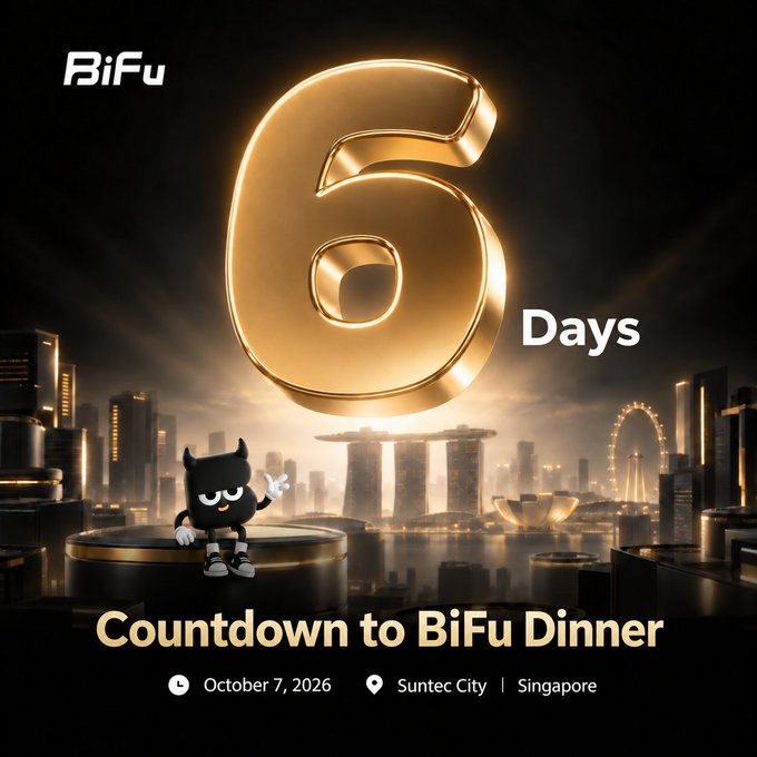 A promotional countdown graphic for 'BiFu Dinner' in Singapore (Suntec City) on October 7, 2026, featuring a large golden number '6' indicating days remaining.