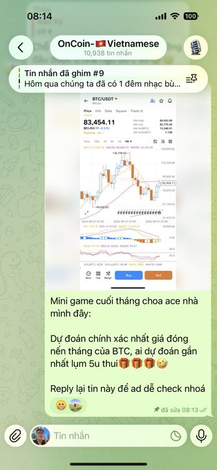 A Telegram chat screenshot in Vietnamese from the "OnCoin - Vietnamese" group showing a cryptocurrency price prediction mini-game for BTC/USDT.