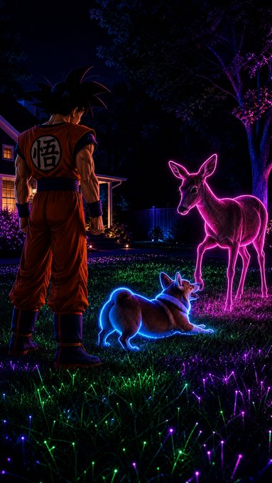 A neon-lit nighttime scene showing an anime character resembling Goku in an orange gi facing two glowing deer and a dog on grass illuminated by green and purple lights.