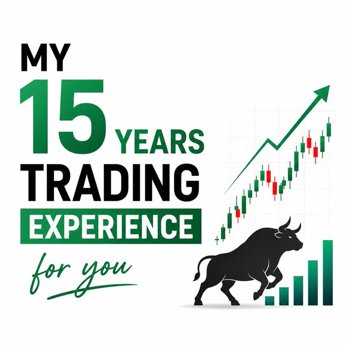 The image is a graphic advertisement featuring the text "MY 15 YEARS TRADING EXPERIENCE for you" in bold black and green lettering, alongside a charging black bull silhouette and a green candlestick chart with an upward-pointing arrow symbolizing a bull market, directly illustrating the post's message about gaining experience during bullish markets to minimize losses in bearish ones.