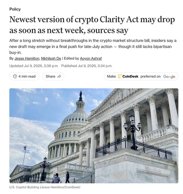 This CoinDesk article header announces that the "Newest version of crypto Clarity Act may drop as soon as next week," with the image showing the U.S. Capitol Building, symbolizing the legislative effort.