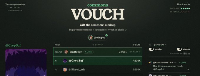 A screenshot of a website titled 'commons VOUCH' displaying a 'Top 1000 get airdrop' leaderboard, with 'adstopay' ranked #10 with 24,651 points and '@CrypSaf' ranked #1 with 7,609K points.