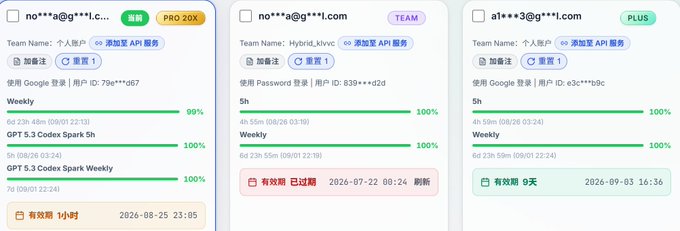 Screenshot of three subscription/team panels showing email addresses, passwords, and usage statistics for Codex Spark 5h and Weekly plans with green progress bars indicating usage percentages.