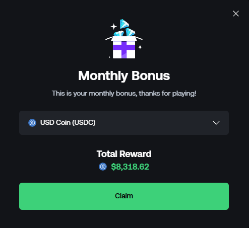 A pop-up displays a "Monthly Bonus" of $8,318.62 in USD Coin (USDC) available to claim on Shuffle, supporting the tweet's promotion of monthly bonuses for players using the code "SNUTZY."