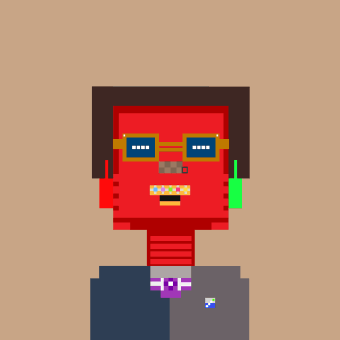 Pixel art character with a red square head, rectangular glasses, colorful pixelated teeth, and a gray suit against a tan background.