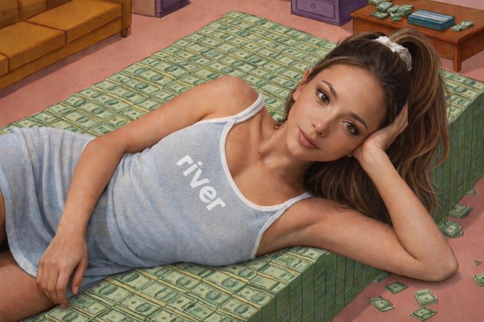 The image features a woman wearing a gray dress, laying down with her head resting on her arm while surrounded by stacks of money. The scene appears to be set in an office environment or a room filled with various items such as couches, books, and a dining table. The presence of the money suggests that this could be related to financial matters or possibly a business setting.