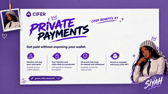 Promotional graphic for CIFER featuring 'Private Payments' with the tagline 'Get paid without exposing your wallet,' listing features like username payments, quantum-resistant encryption, and ZK proof privacy.