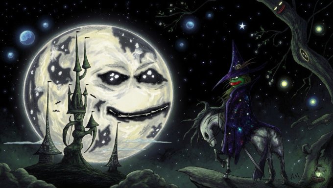 A spooky witch-like figure wearing a purple Pepe hat rides a pale horse against a dark, starry sky dominated by a large moon with a grinning frog face, alongside a gothic castle. The image ties to the "$PEPECOIN" moon mission post by blending crypto meme culture with a haunting nighttime fantasy scene, suggesting Pepe's journey to the moon.