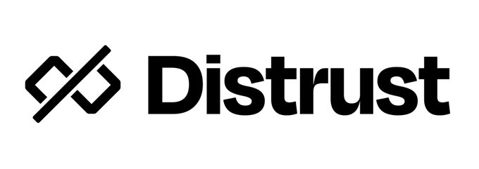 The image features a logo for Distrust, which consists of two crossed lines connected by a dot. The logo is displayed against a gray background with white text that reads "Distrust" at the top and "Working with the @TrustedStake team has been a pleasure! They have a really cool product, and getting deeper into the #bittensor ecosystem was a lot of fun."