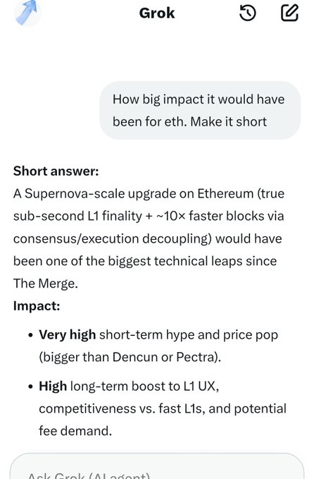 A screenshot of a Grok AI response analyzing the impact of a Supernova-scale upgrade on Ethereum, highlighting short-term hype and long-term UX improvements.