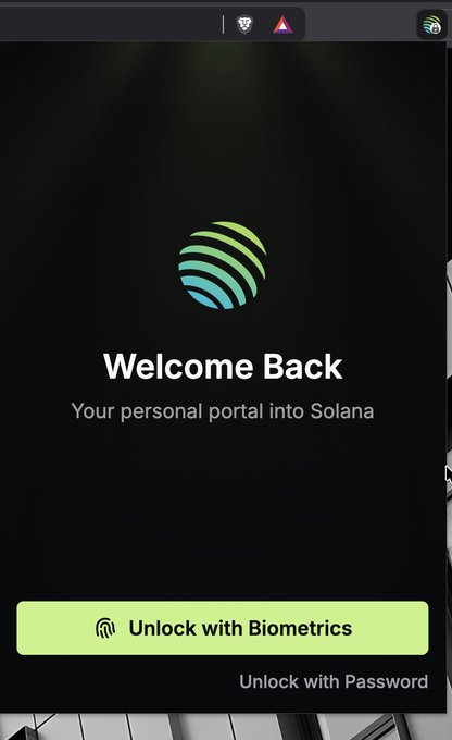 The image shows a smartphone screen displaying a welcome back message with a green circle logo, along with instructions for using biometric security features such as fingerprints or facial recognition. The text suggests that users can use their biometrics to access their wallet extension on the app store.