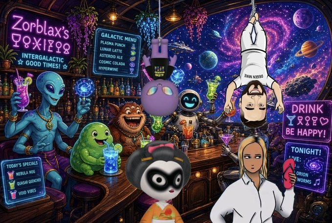A vibrant, cartoon-style illustration of an alien bar called 'Zorblax's' set in space, featuring a neon menu advertising drinks like 'Plasma Punch' and 'Lunar Latte' along with various characters including a green blob, a furry creature, a robot, and a person hanging upside down.