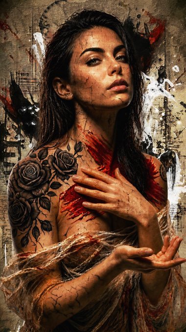 A stylized digital painting of a woman with dark hair, rose tattoos on her shoulder, and red paint-like marks on her skin, posed against a grunge-textured background with crows.