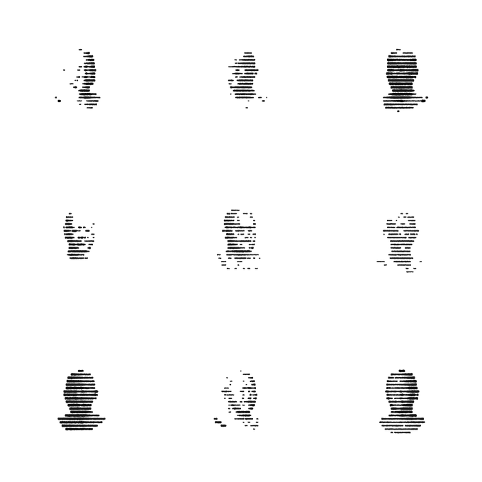 A 3x3 grid of glitchy, pixelated black silhouettes resembling head-and-shoulders portraits against a white background, visually evoking fragmented or incomplete identities—fitting the "KYC" (Know Your Customer) theme by suggesting the challenge of verifying user identities amid data distortion.