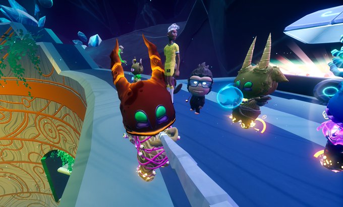 A screenshot from a colorful 3D video game showing various cartoonish monster characters and a player avatar in yellow on a blue platform.