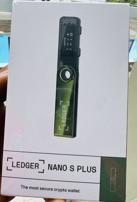 A sealed retail box for a Ledger Nano S Plus cryptocurrency hardware wallet with the tagline 'The most secure crypto wallet.'