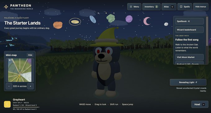 A video game screenshot from 'PAWTHEON: The Wandering World' shows a bear character with a wizard hat in 'The Starter Lands' area, with UI elements indicating 'Follow the first song' quest.