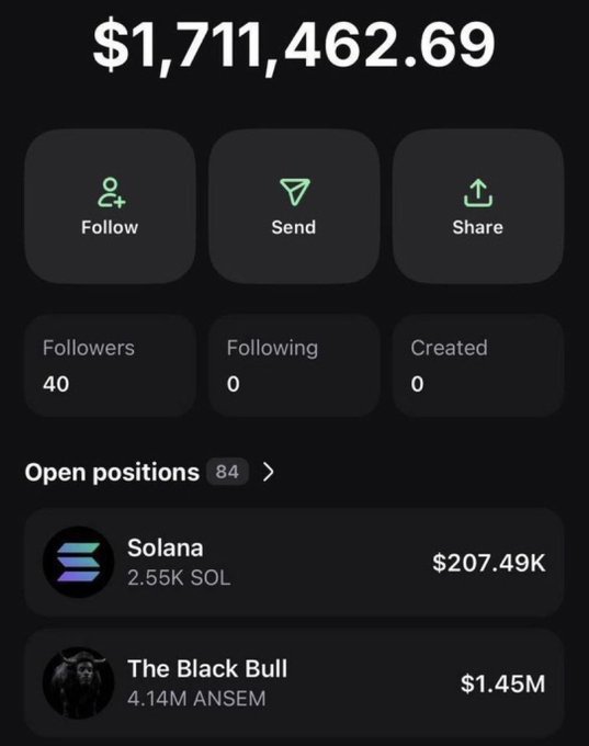 A mobile screenshot displays a crypto portfolio valued at $1,711,462.69, showing 84 open positions including Solana ($207.49K) and "The Black Bull" ($1.45M), alongside Follow/Send/Share buttons and follower stats (40 followers, 0 following, 0 created). The image visually supports the post's claim about meme coins changing the poster's life by showcasing their substantial portfolio balance, prompting viewers to share their $SOL addresses.