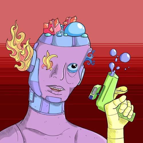A comic-style illustration of a purple-skinned cyborg character with exposed circuitry on its head, holding a green pistol that shoots blue bubbles, with flames emerging from its ear against a red background.