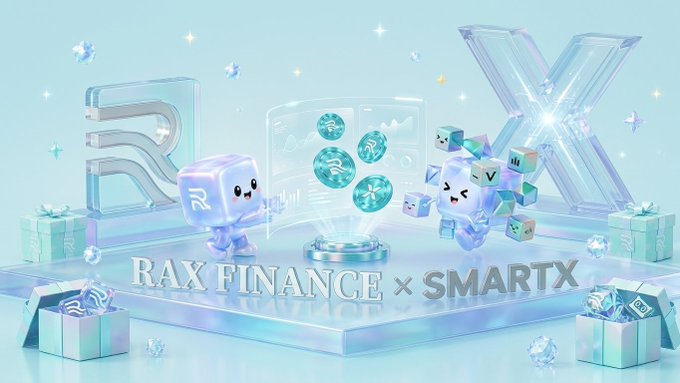 A promotional graphic for 'RAX FINANCE x SMARTX' featuring cute 3D ice-like mascot characters, gift boxes, and floating diamond crystals against a light blue background.