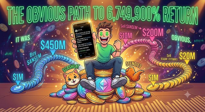 A cartoon-style infographic titled "THE OBVIOUS PATH TO 6,749,900% RETURN" depicts an excited man sitting on coins holding a phone, with dollar signs for eyes, illustrating a crypto trading strategy across three coins: buying $ANSEM from $1M to $450M, flipping into $CASHCAT from $10M to $200M, and grabbing $TENDIES from $1M to $20M for a massive compounded return.