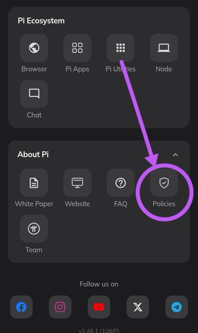 The image shows the Pi app's profile section, with a magenta arrow highlighting the "Policies" option under the "About Pi" category, directing users to review official documents and codes to better understand Pi Network's policies and answers to common questions.