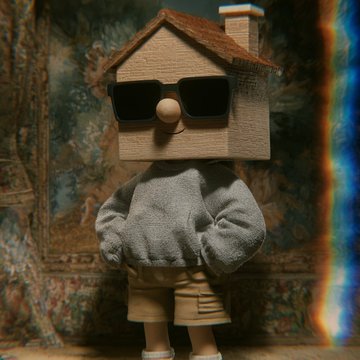 A small figurine with a house for a head wearing sunglasses, a grey sweater, and shorts stands in front of a floral tapestry background. The quirky character fits the post's casual showcase of creative, fun artwork done before signing off for the night.
