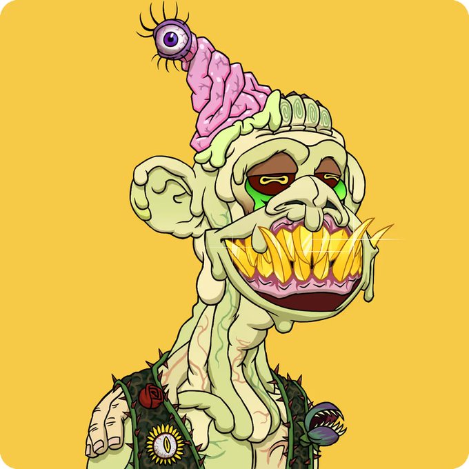 A grotesque cartoon character with a bulbous exposed brain topped by a purple eyeball, dripping green skin, and a wide grin of jagged golden teeth is set against a bright yellow background. The bizarre, unsettling NFT artwork visually mirrors the post's narrative of an extreme value drop—from a $113K sale price down to just $4,700—capturing the volatile and often disappointing nature of speculative NFT investments.